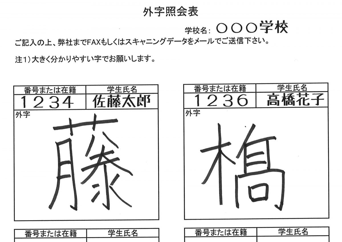 卒業証書作成の際に送付いただく外字照会表