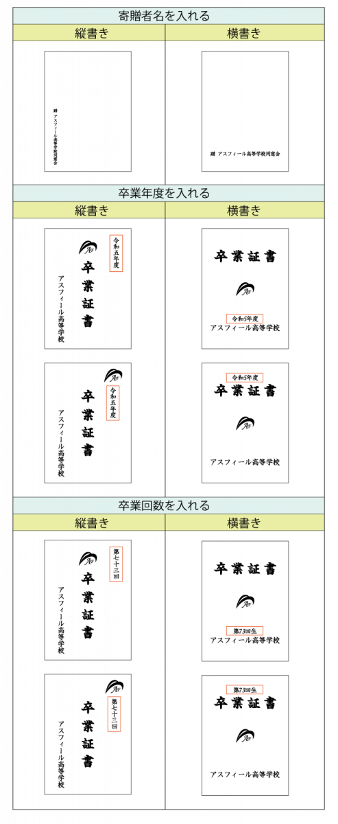 卒業証書ファイルの追加箔押しレイアウト例